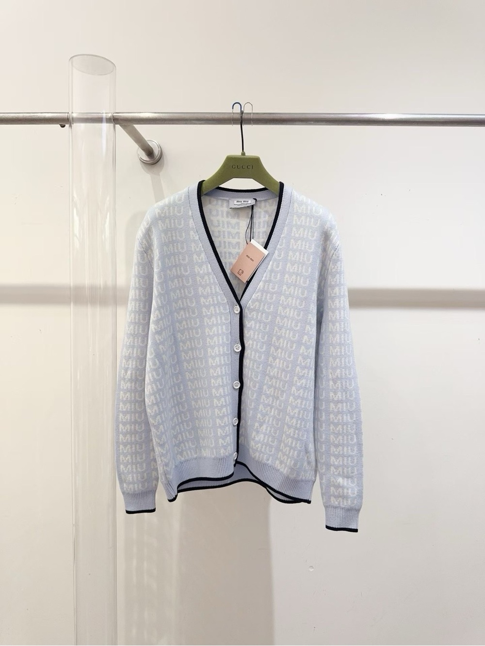 Miu Miu Pale Blue Logo Jacquard Cardigan with Navy Trim